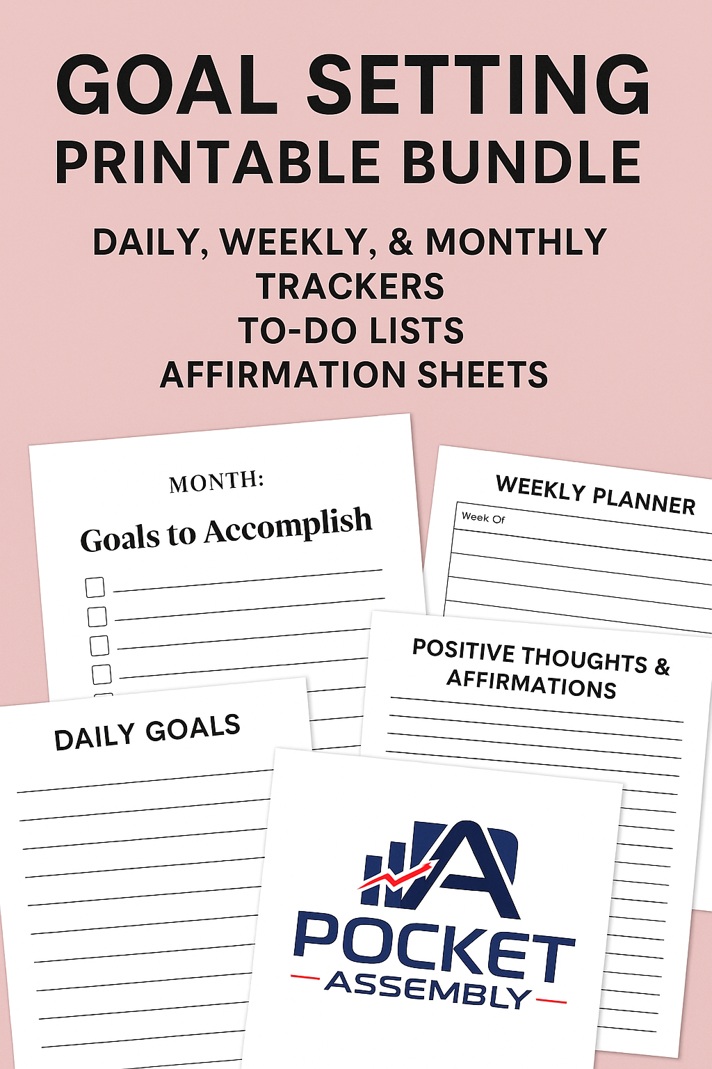 Goal Setting Printable Bundle – Daily, Weekly, Monthly Goal Trackers, To-Do Lists & Affirmation Sheets (PDF Digital Planner Kit)